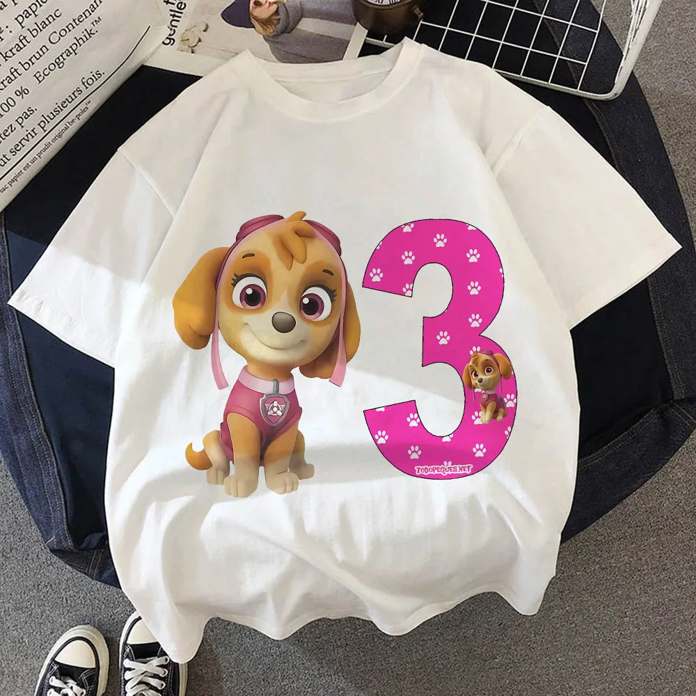 Paw Patrol dziecko lato bawełna T Shirt chłopiec dziewczyna numer urodzinowy koszulka Chase Skye drukowane ubrania dla dzieci Cartoon koszulki z