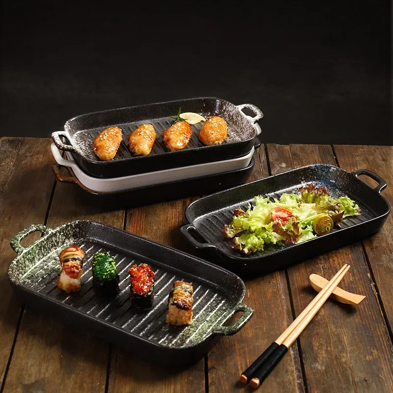 

Ceramic binaural plate Japanese sushi pasta household dish commercial tableware creative rectangular fruit salad plate