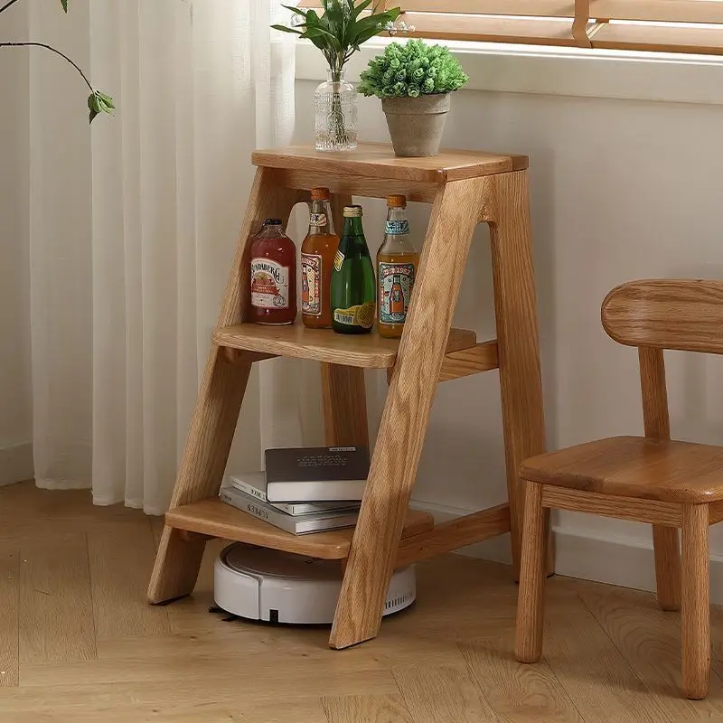 Solid Wood 3-Step Ladder Stool, Multifunctional Household Elevated Stool, Dual Purpose Stair Stool & Bar Stool for Home