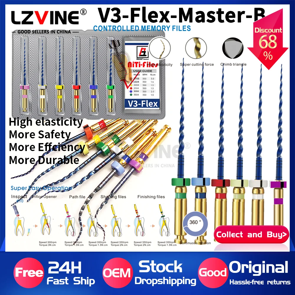 Lot de 6 Fils endodontiques dentaires E-Flex rotatifs activés par la chaleur, à glissement libre, 31/25mm, Matériel dentaire