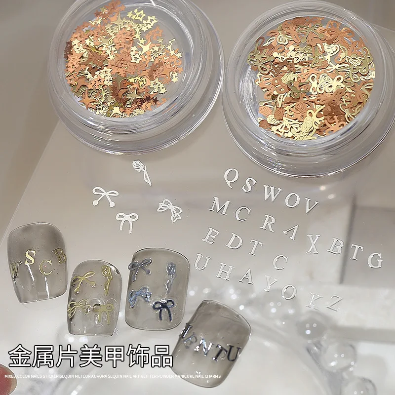 1Jar Glossy Metallic Gold Silver Tiny Slice English Letter Starlight Ribbon Bow Alloy Nail Art Sequins Paillette Manicure Charms