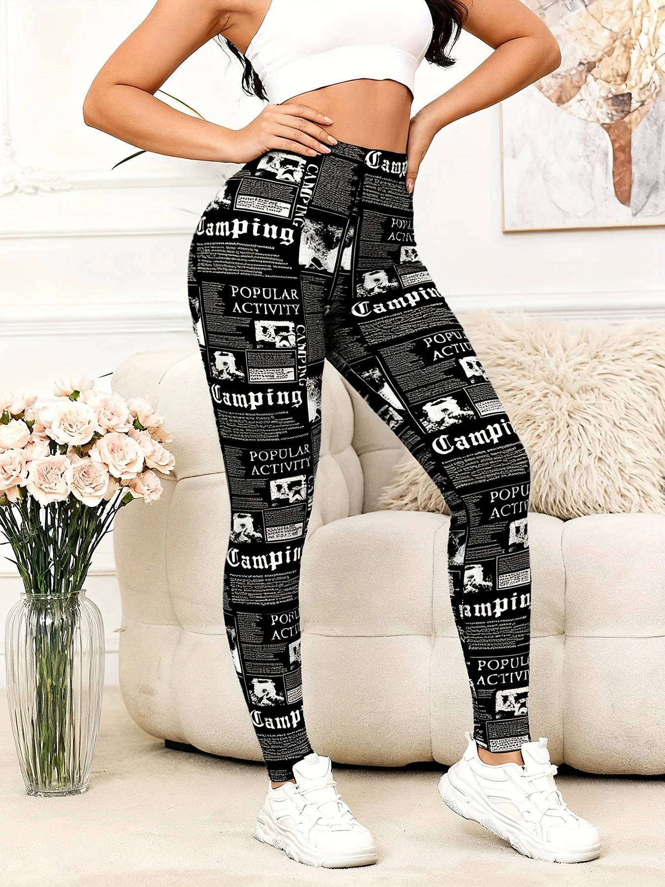 Women Mid‑Waist Fleece Lined Ankle Length Leggings Newspaper Letter Camping Print Stretch Slim Warm Elastic Casual Daily Pants