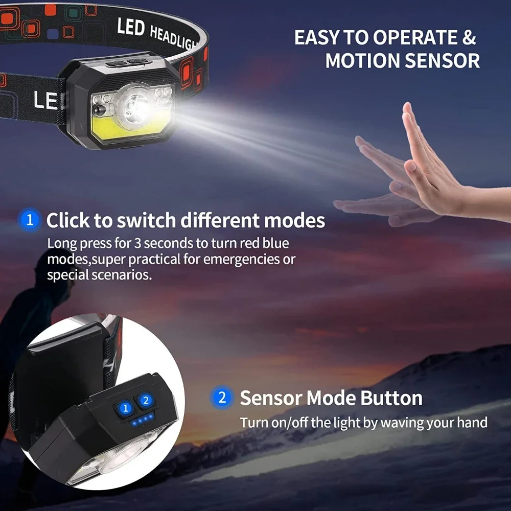 Smart Motion Sensor COB+LED Headlamp 11 Modes USB Rechargeable Headlight Waterproof Head Lamp Super Bright Head Flashlight