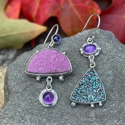 Vintage Shiny Enamel Purple Stone Earrings New Fashion Jewelry Silver Color Statement Dangle Earrings for Women