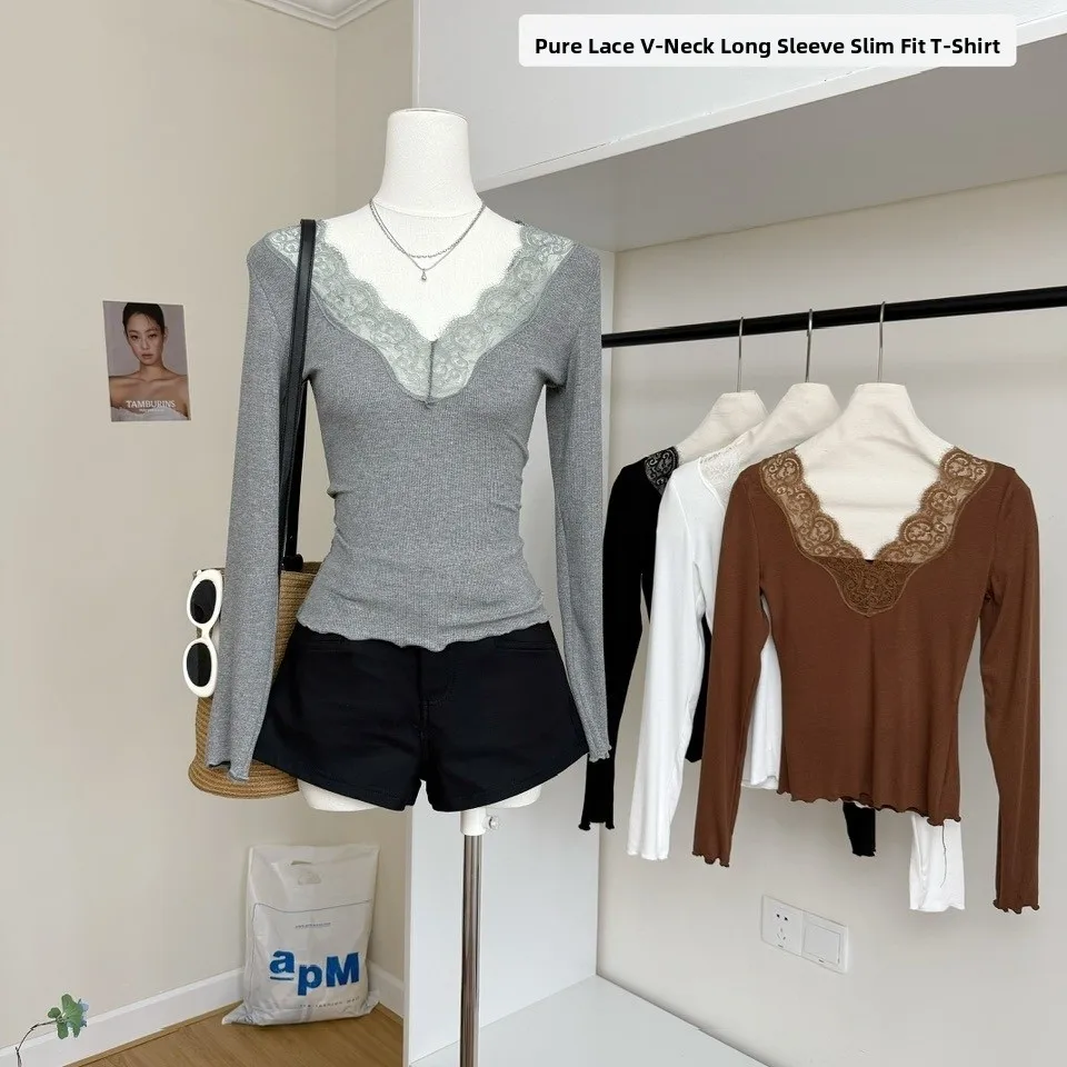 Sexy Basic Lace Long Sve T-Shirt Damen Tägliche Taille-Cinching Dünnes Frühlings-Herbst-Top Trendiger V-Ausschnitt-Pullover Normale Länge