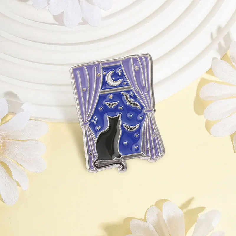 Moonlit Nighyt Window Black Cat & Bats Enamel Pin Gothic Halloween Crescent Moon Stars Metal Brooch Bag Lapel Badge Jewelry Gift
