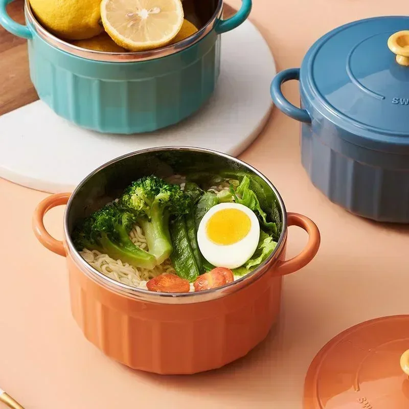 Kitchen Concise Solid Color Tableware Instant Ramen Bowl with Lid Spoon Cute Stainless Steel Large Capacity Salad Soup Set