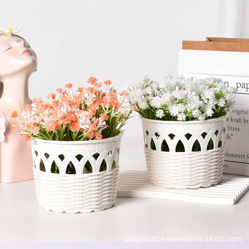 Mini White Rattan Style Plastic Flower Basket, Woven Look Planter for Faux Flowers, Small Home Decor Vase Pot