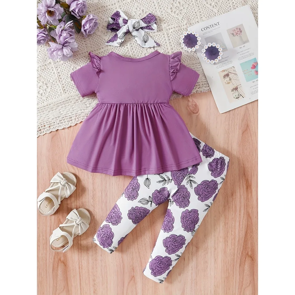 0-3 Years Baby Girl 3PCS Clothes Set Purple Short Sleeved Top+Floral Pants+Headband Fashion Toddler Girl Summer Daily Outfits