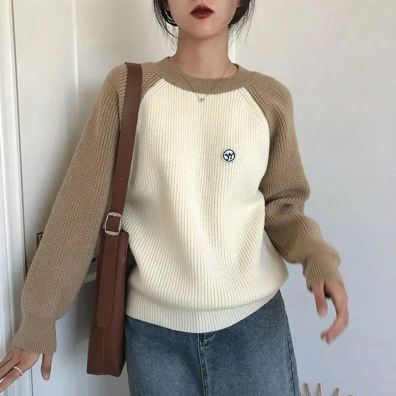 Casual Contrasting Colors Spliced Sweaters Women's Clothing Knitted Long Sleeve Autumn Winter Korean O-Neck Loose Basic Jumpers