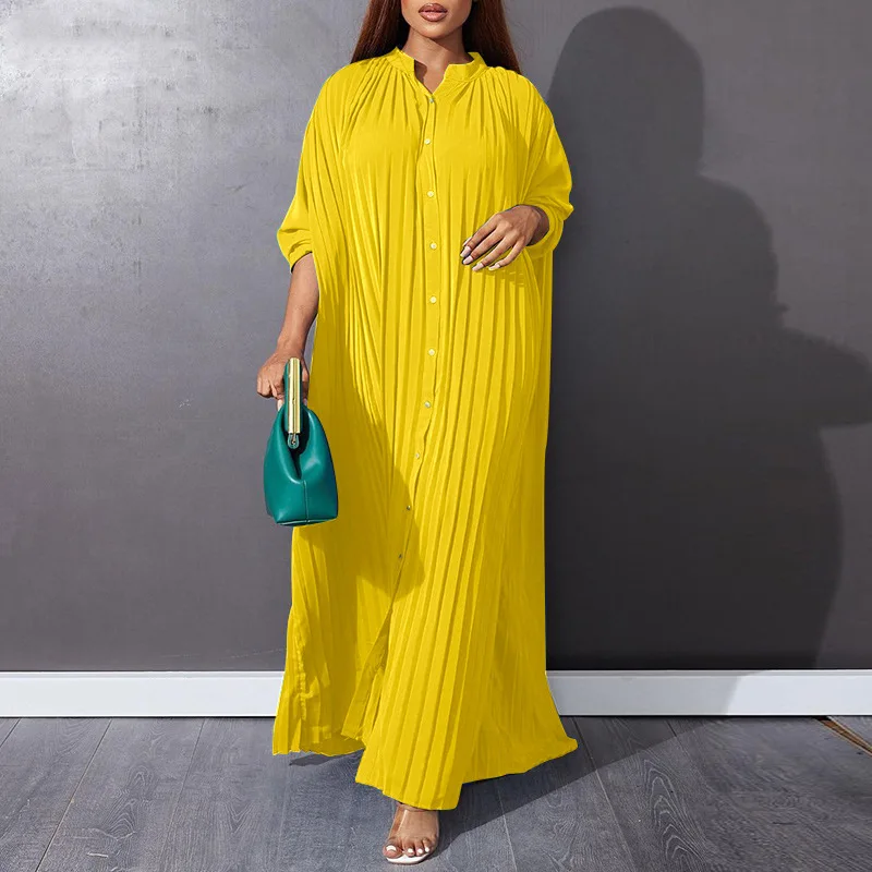 Women Eid Muslim Dresses Stand Collar Single Breasted Dubai Arab Vestidos Ramadan Casual Loose Kaftan Dress Solid Pleated
