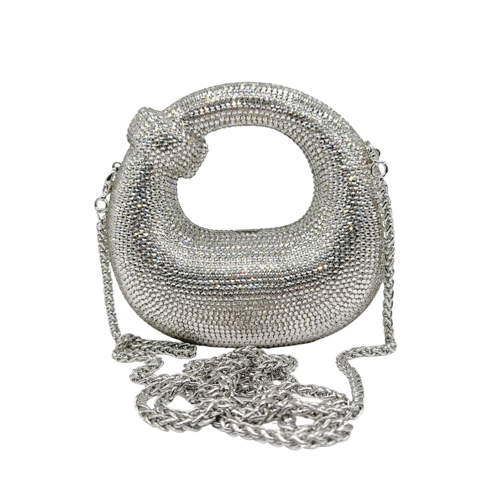 Luxury 3D Rose Crystal Clutch Bag Women Full Rhinestone Evening Handbag with Metal Hard Case And Shoulder Chain for Wedding Part - view 6