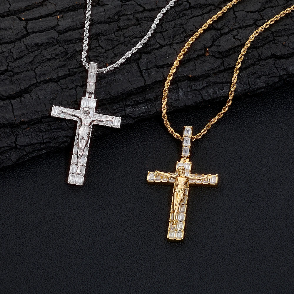 HHIOK Iced Out Jesus Crucifix Pendant Brass Cubic Zircon Stone Gold Silver Plated Rope Chain Men Christian Hip Hop Necklace