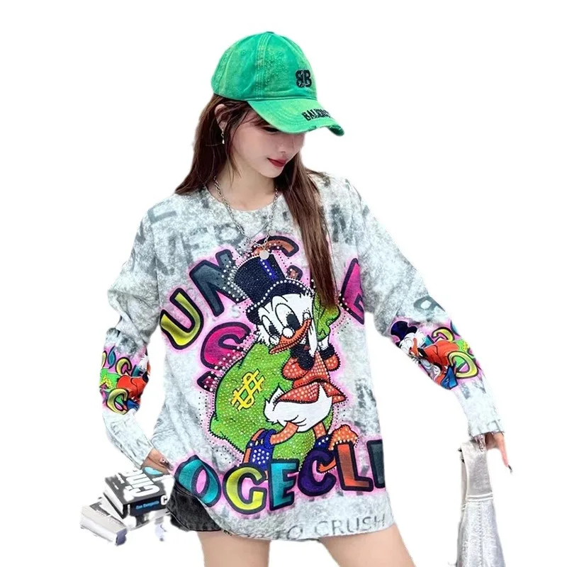 Heavy Industry Cartoon Printed Long Sleeve Sweater Loose Women\'s Clothing 2024 Autumn and Winter New Crew Neck Pullover Tops