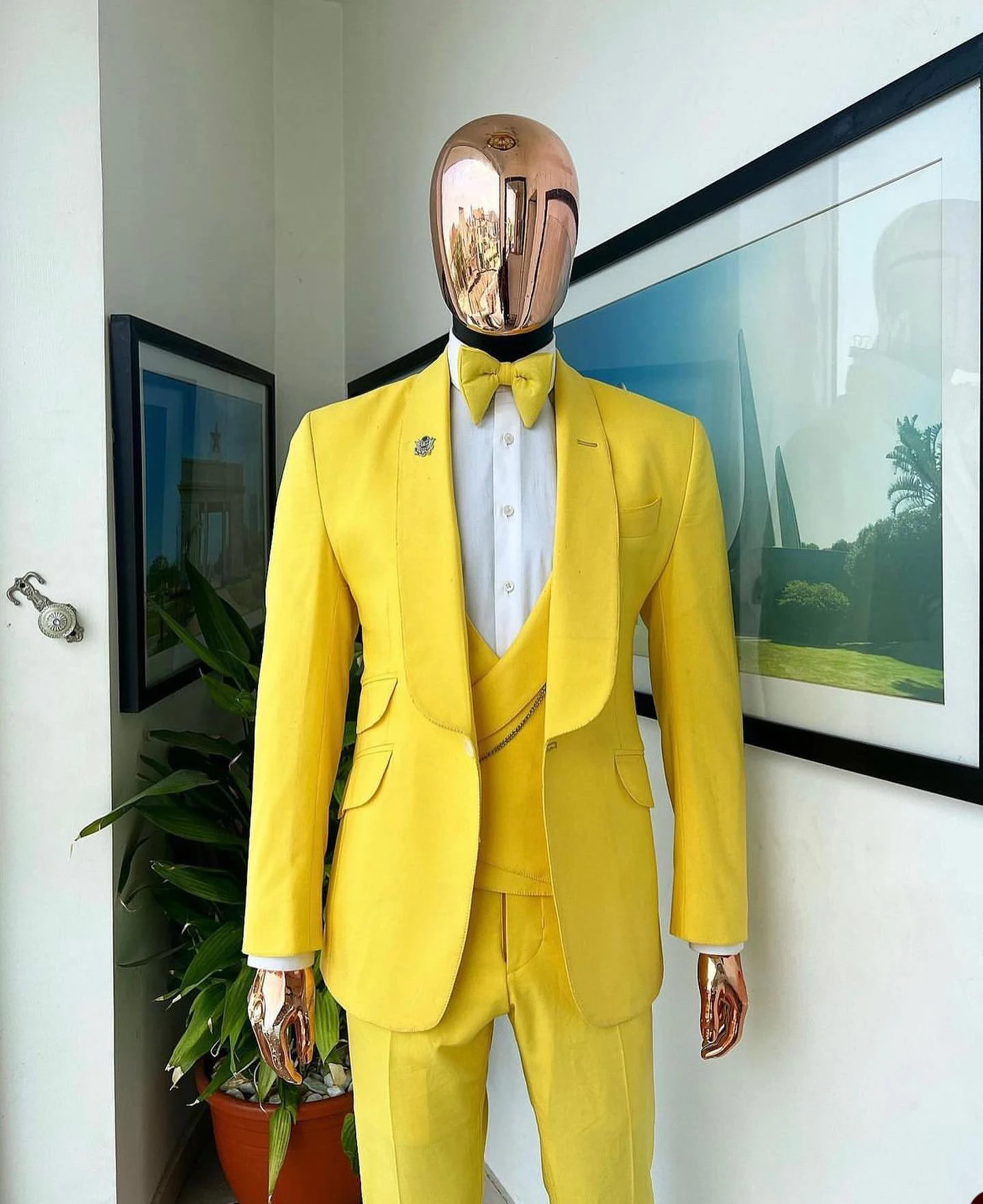 Yellow Men's Tuxedos 3 Pcs Wedding Groom Suits Shawl Lapel Blazer Vest And Pants Customized Prom Evenings Dinner Party Suits