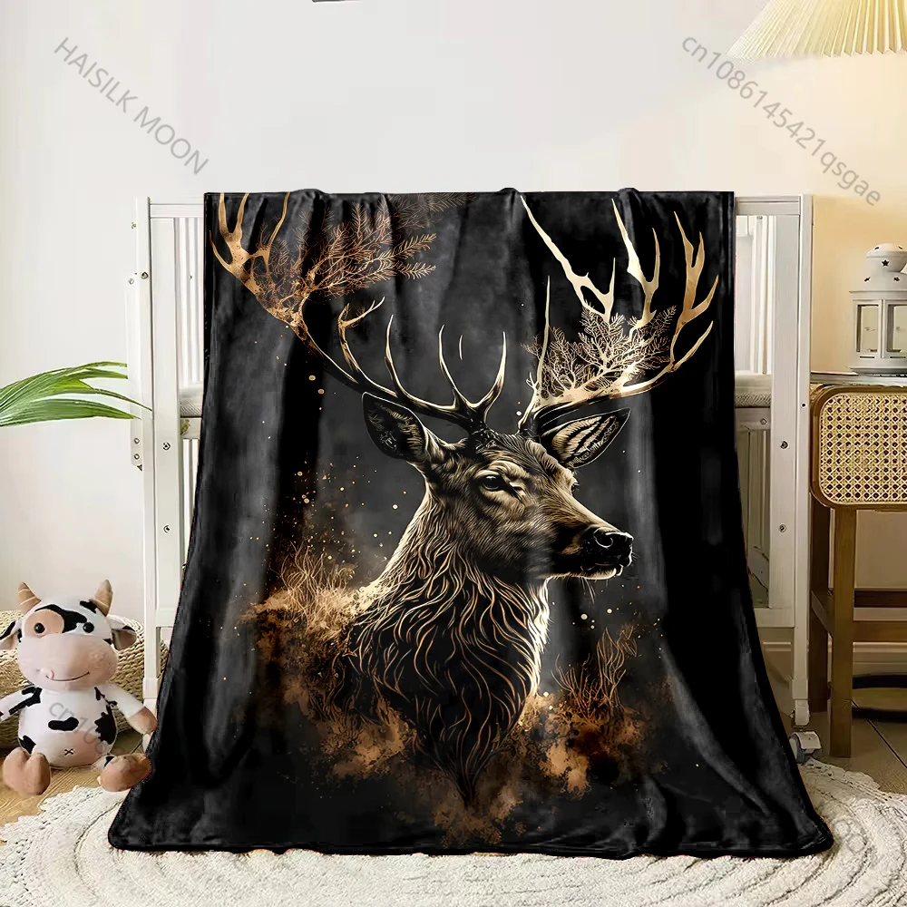 1PC Deer with golden antlers Print Adult Children Warm Blankets Home Travel Car Soft and Comfortable Suitable for all seasons