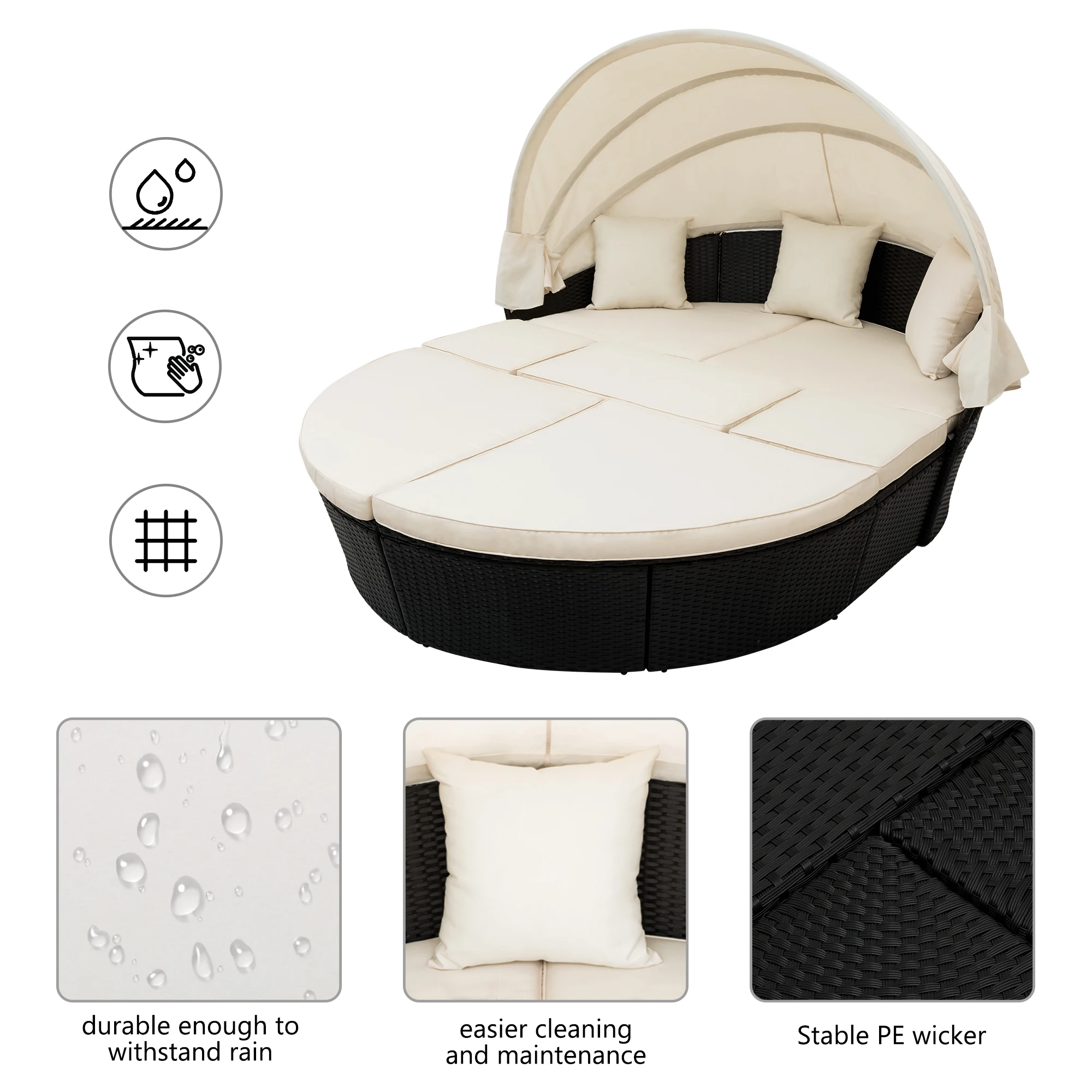 Outdoor Rattan Daybed Sunbed W/Retractable Canopy Round Sectional Sofa Set Black Wicker Furniture Clamshell Seating[US-Stock]