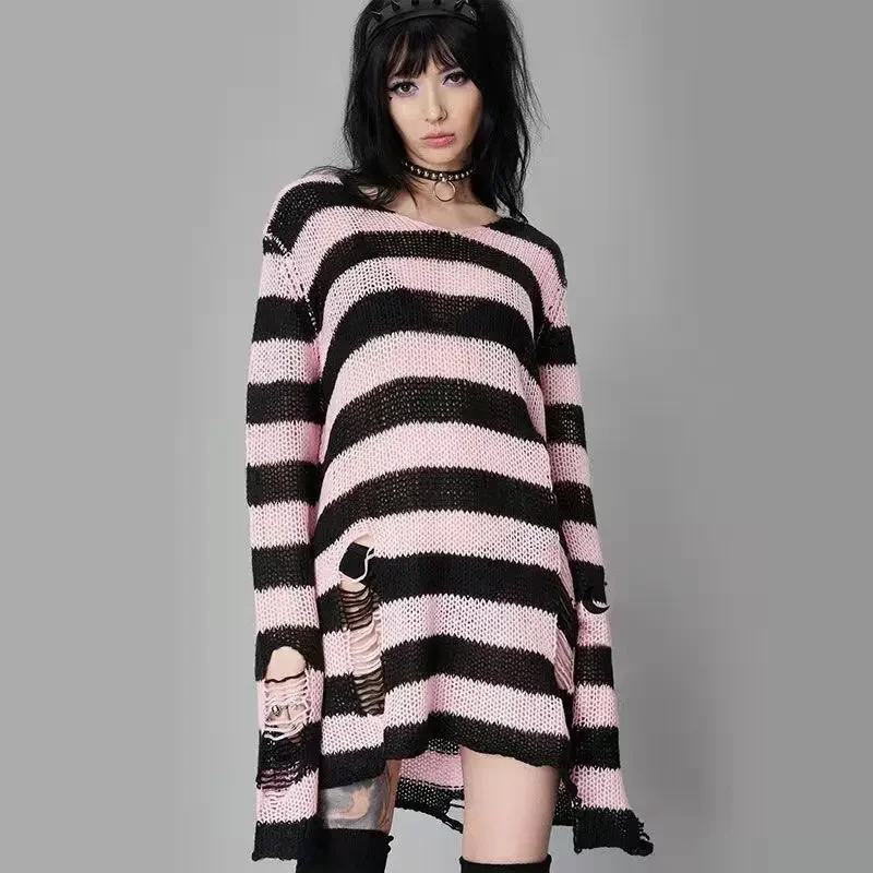 Y2K Harajuku Striped Sweater Women  Hollow Out Knitted Sweater Female Fashion Hole Broken   Streetwear