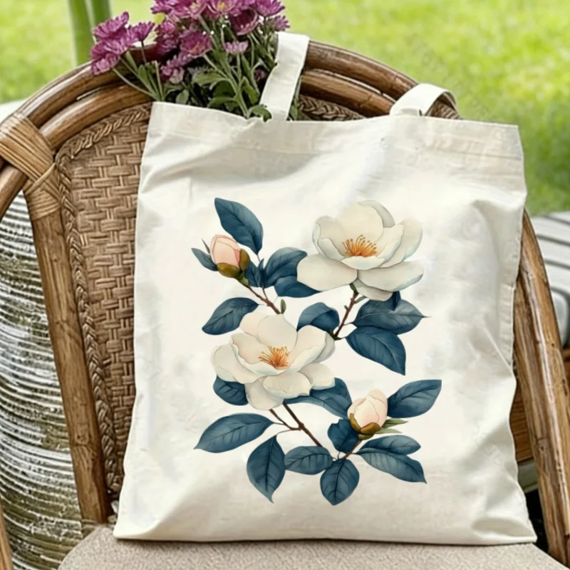 

1PC Elegant White Magnolia Floral Canvas Tote Eco-friendly Reusable Shoulder Bag