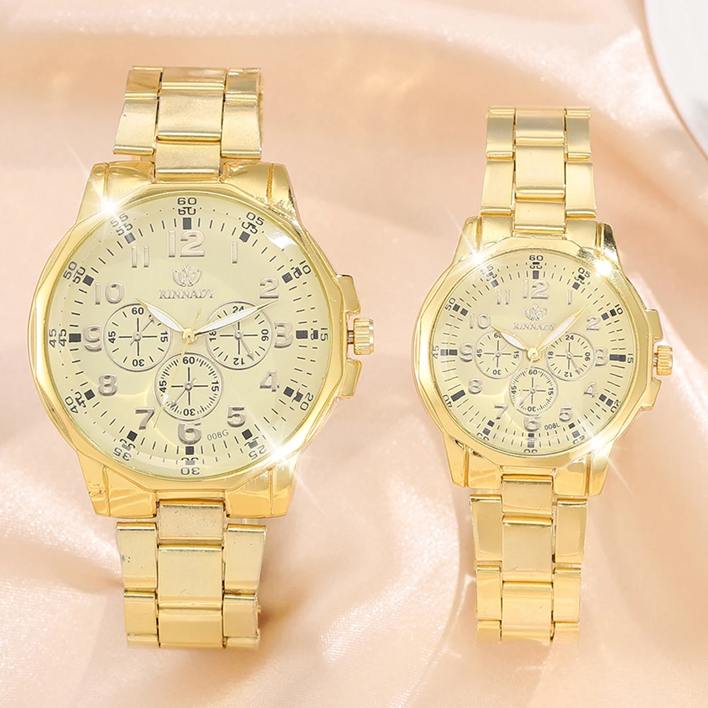 2 Piece Set Of Fashionable Simple Gold Exquisite Temperament Couple Watch, Fashionable Alloy Strap Quartz Watch