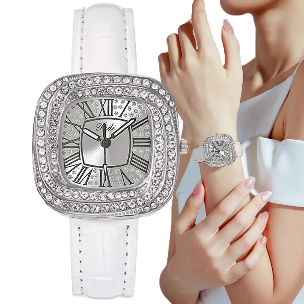 Luxury Ladies Silver Case Full Star Square Roman Design Quartz Watch Fashion White Leather Women\'s Dress Gift Clock Wristwatch