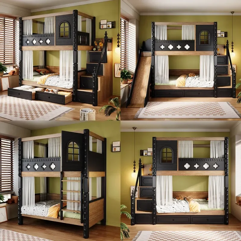 Retro Solid Wood Kids Bunk Bed with Slide Castle Treehouse Design Mother Child Sleeping Frame Storage Function for Bedroom