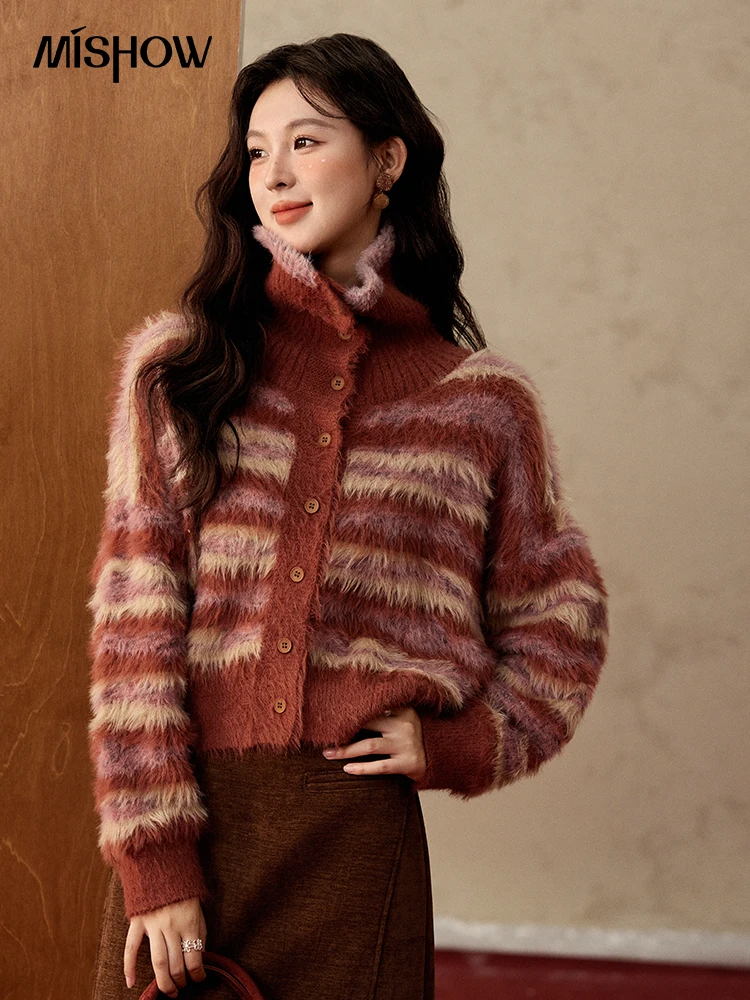 MISHOW Red Striped Sweater Faux Mink Fur Stand Collar Knitted Cardigan Contrast Color Vintage Thickened Warm Tops MXD59Z1005