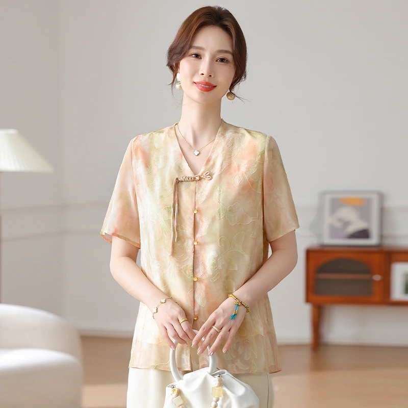 

Young Mom Summer Outfit Set New Chinese Style Chiffon Shirt 2025 New Model Middle-Aged Women Spring Summer Mid-Sleeve Shirt Top