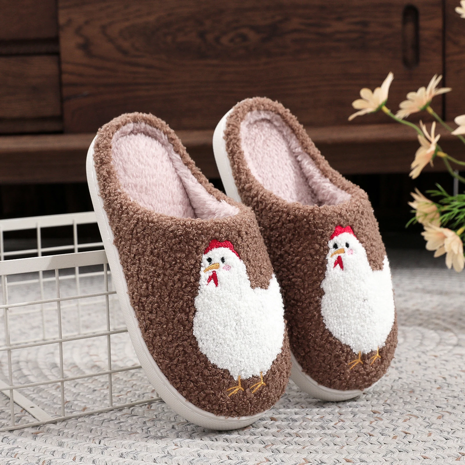 

Cute Chicken Cotton Slipper Non-slip Cute House Shoes Warm Fuzzy Warm Cartoon Flat Winter Casual for Outdoor Indoor Bedroom