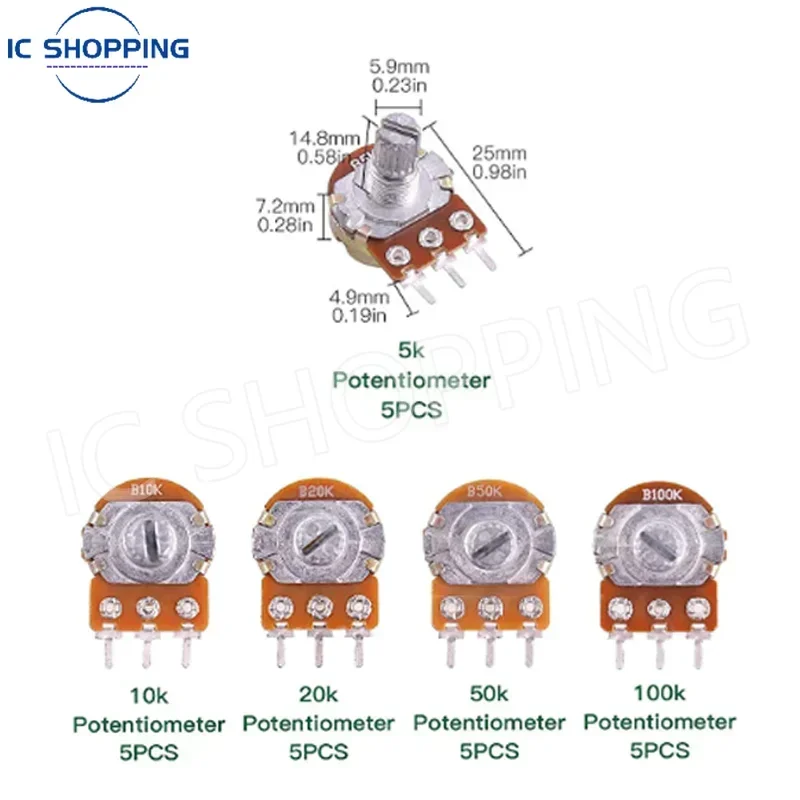 50PCS WH148 Single Linked Potentiometer  with Cap B1K 2K 5K 10K 20K 50K 100K 500K 1M Handle Length 15mm Adjustable Resistance