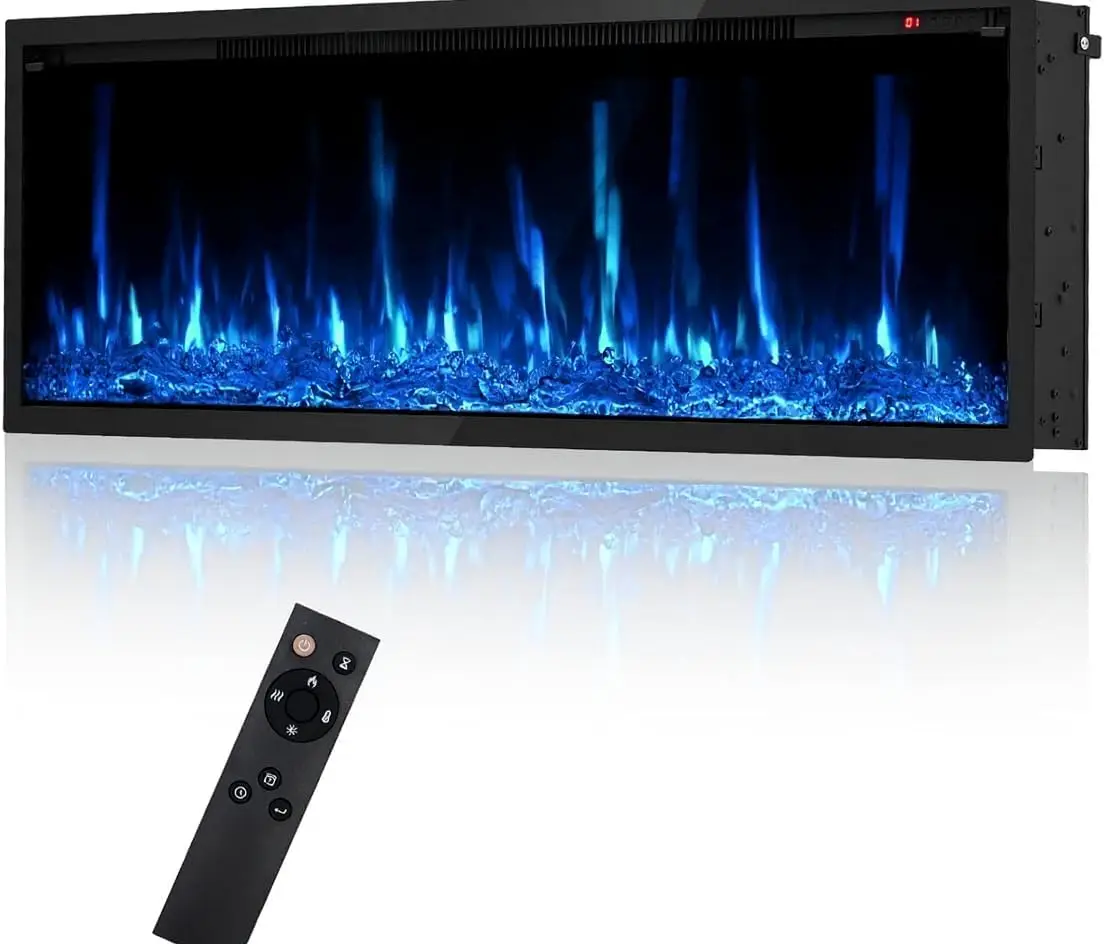 TWISTER.CK 42-Inch Wall-Mounted & Recessed Electric Fireplace Insert – 750/1500W Dual Heat Settings, Remote Control, Timer, 12 Flame Colors, Adjustable Temperature, Log & Crystal Accents