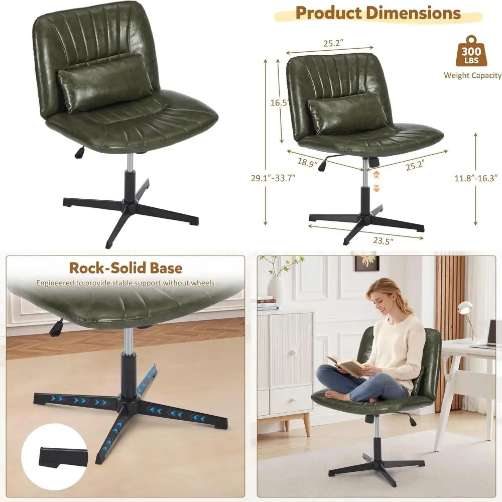 

Вращающееся кресло без подлокотников с поясничной опорой и регулировкой высоты, идеально подходит для офиса, учебы и макияжных зон, из зеленой искусственной кожи.