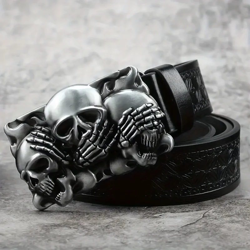 1 Western Cowboy Ancient Silver Multiple Ghost Head Skull Large Plate Buckle Belt Trendy Retro Society Young Men Punk PU Leather