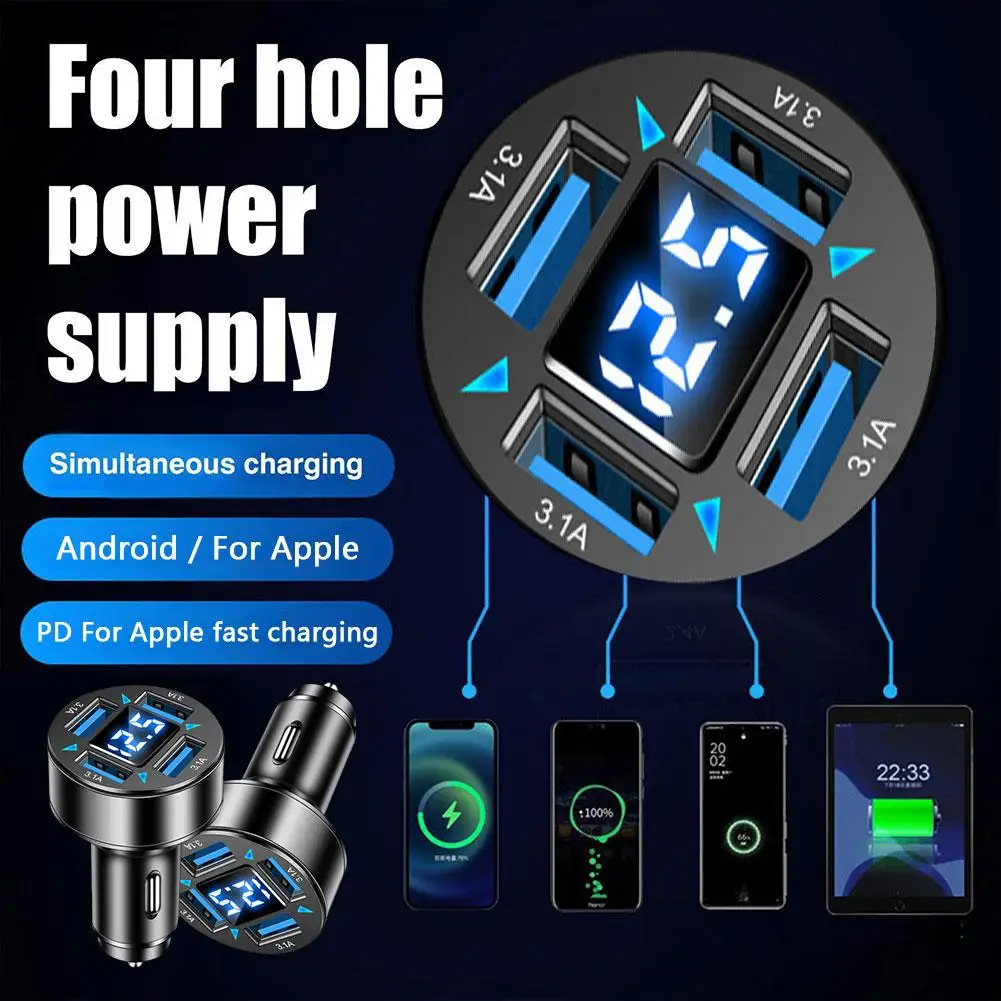 66W Power Adapter 4-Port Blue Light Fast Car Charger QC 3.0 Quick Charge Adapter LED Digital Display for Huawei W6J1