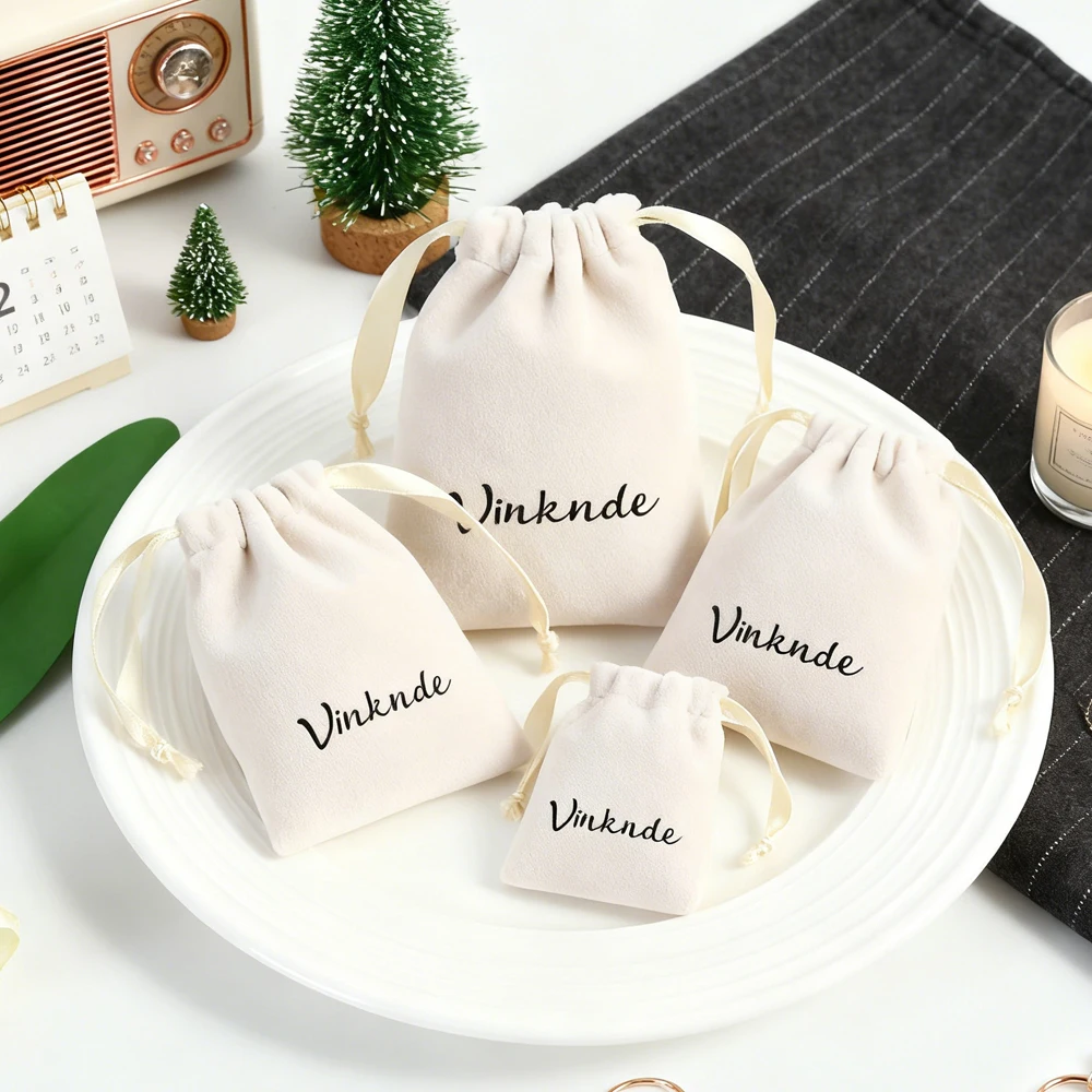 

Customized Logo Jewelry Organizer Bag Beige Velvet Drawstring Pouch Cosmetic Perfume Packaging Wedding Candy Gift Storage Pocket