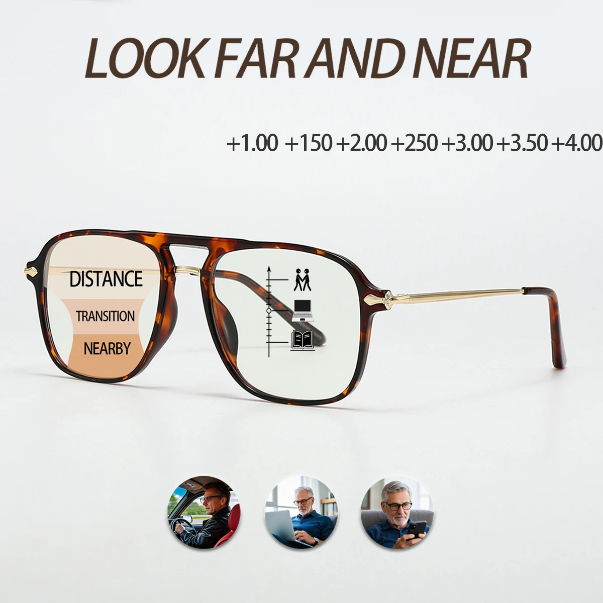 Fytoo Unisex Tortoiseshell Glasses,Tr Square Double Bridge Frames,Multifocal Blue Light Blocking Reading Glasses Stylish Elegant