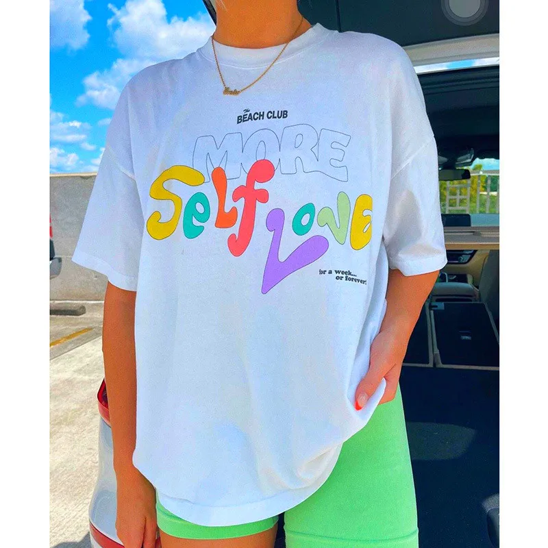 Women Graphic Printing Self Love White Loose T shirts Short Sleeve Cotton Vintage Top 2024 Summer Ins Fashion Y2K Street Shirts
