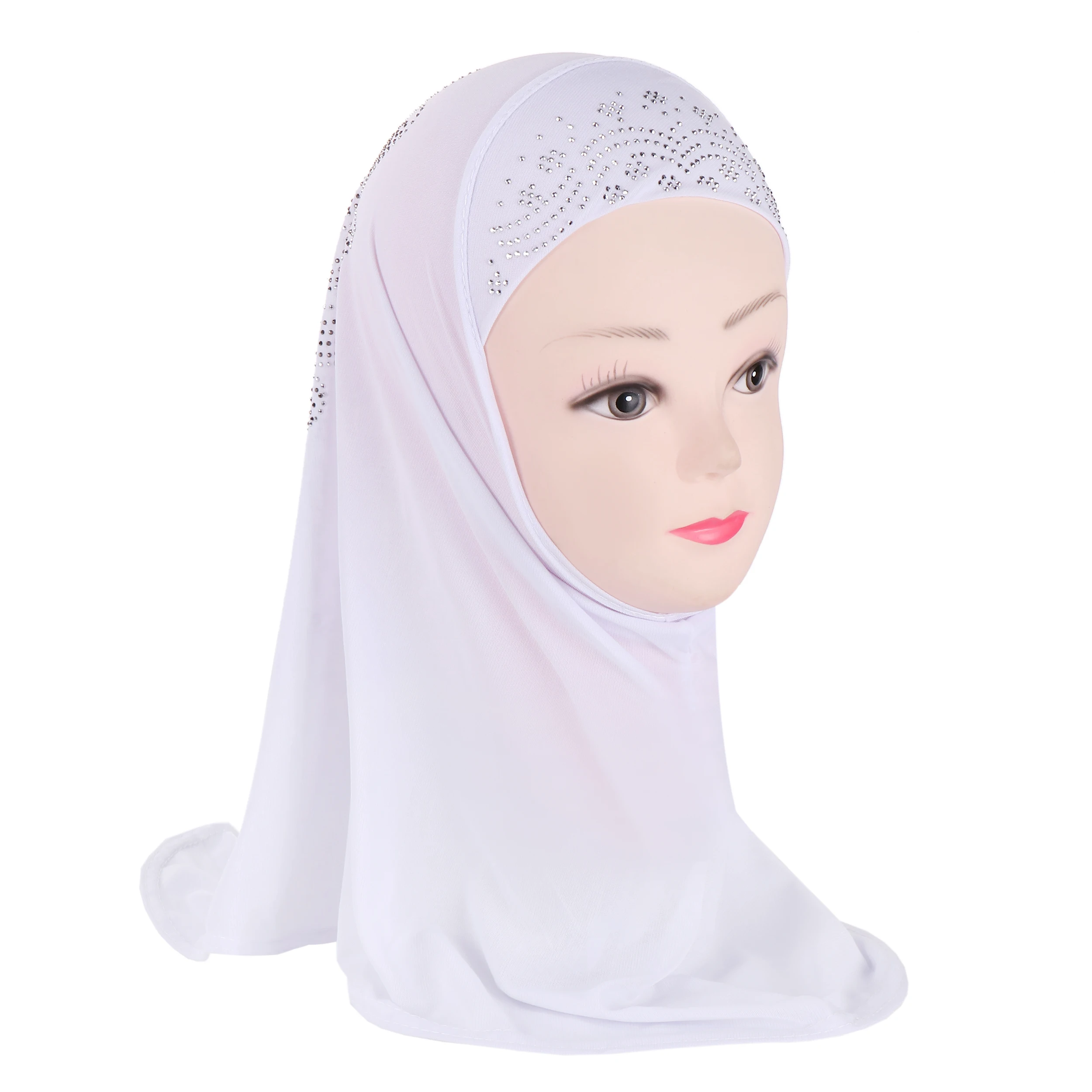 Kids Girls Instant Hijab Amira Scarf Muslim Bonnet Hijab Handmade Rhinestone Head Wrap Prayer Garment Cover Turban for 3-7 Years