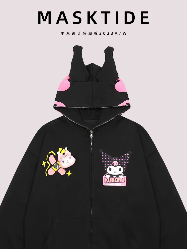 Oversize Kuromi Cartoon Padded Cardigan Jacket Women's Fall and Winter Padded Hooded Sweater Loose Hooded Sweatshirt Girl Tops