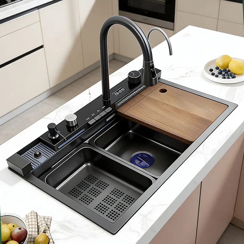 

Home Use 80X45cm Thickened 304 Stainless Steel Large-capacity Multifunctional Kitchen Sink Piano keys Control Double Waterfall