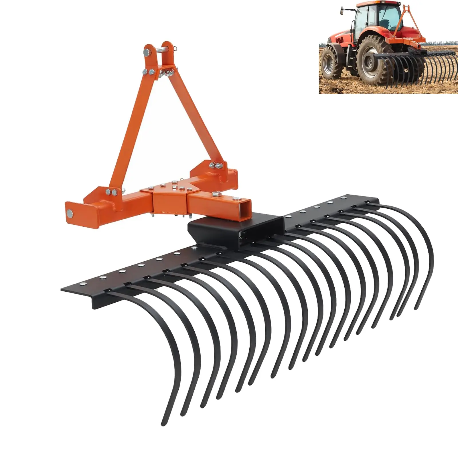 

3 Point Hitch Landscape Rake, 50 Inches Pull Behind Tractor Rake with 360°Rotation and 17 Spring Steel Tines For Garden Lawn Far