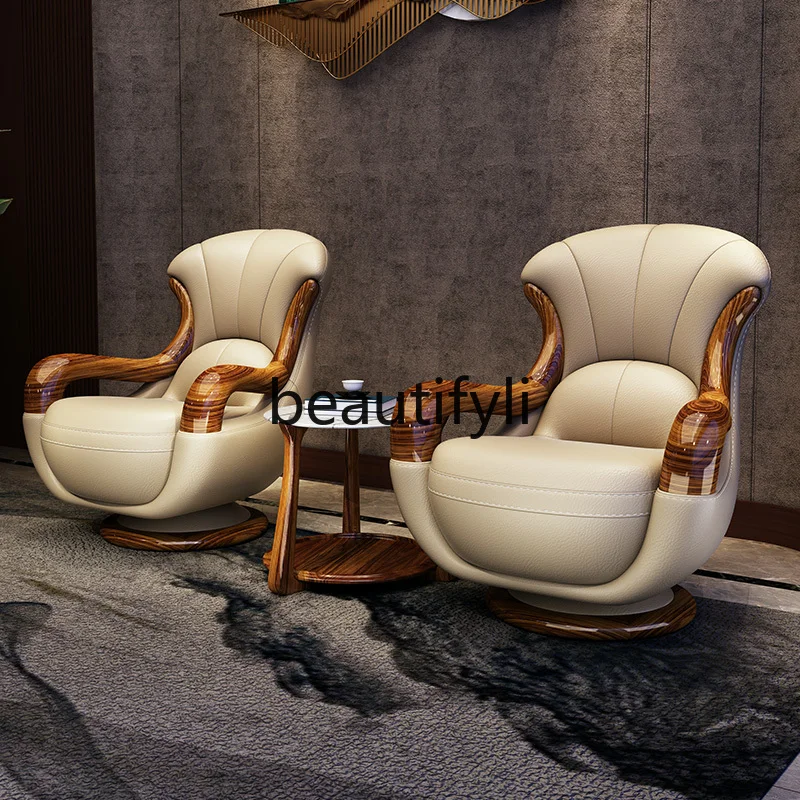 Ebony new Chinese solid wood leather single chair high back chair top layer cowhide