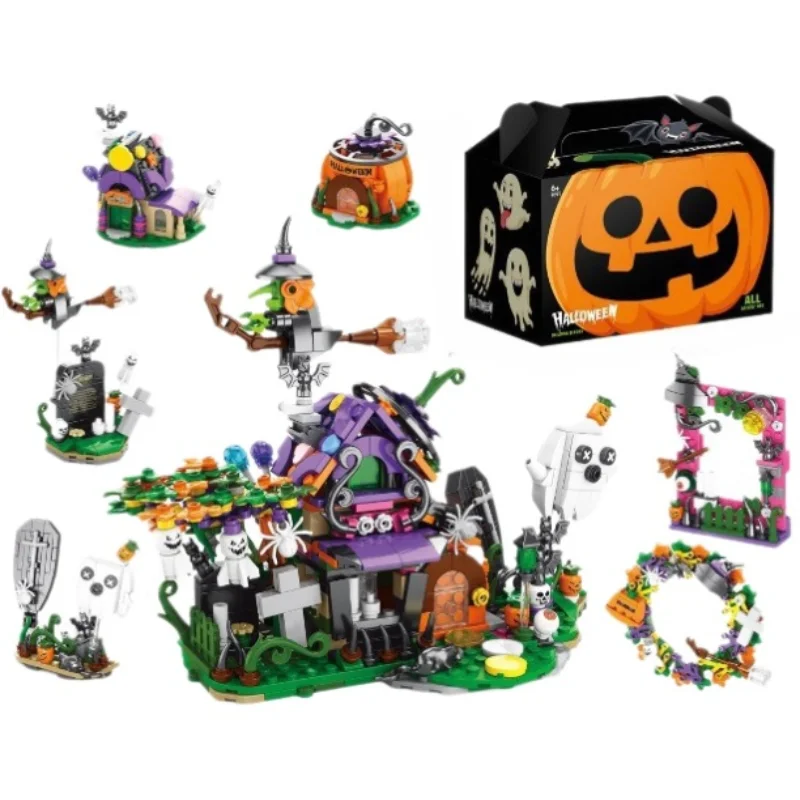 Creative Halloween Pumpkin House Witch Candy House Desktop Atmosphere Small Decoration Building Blocks Bricks Toys Gifts