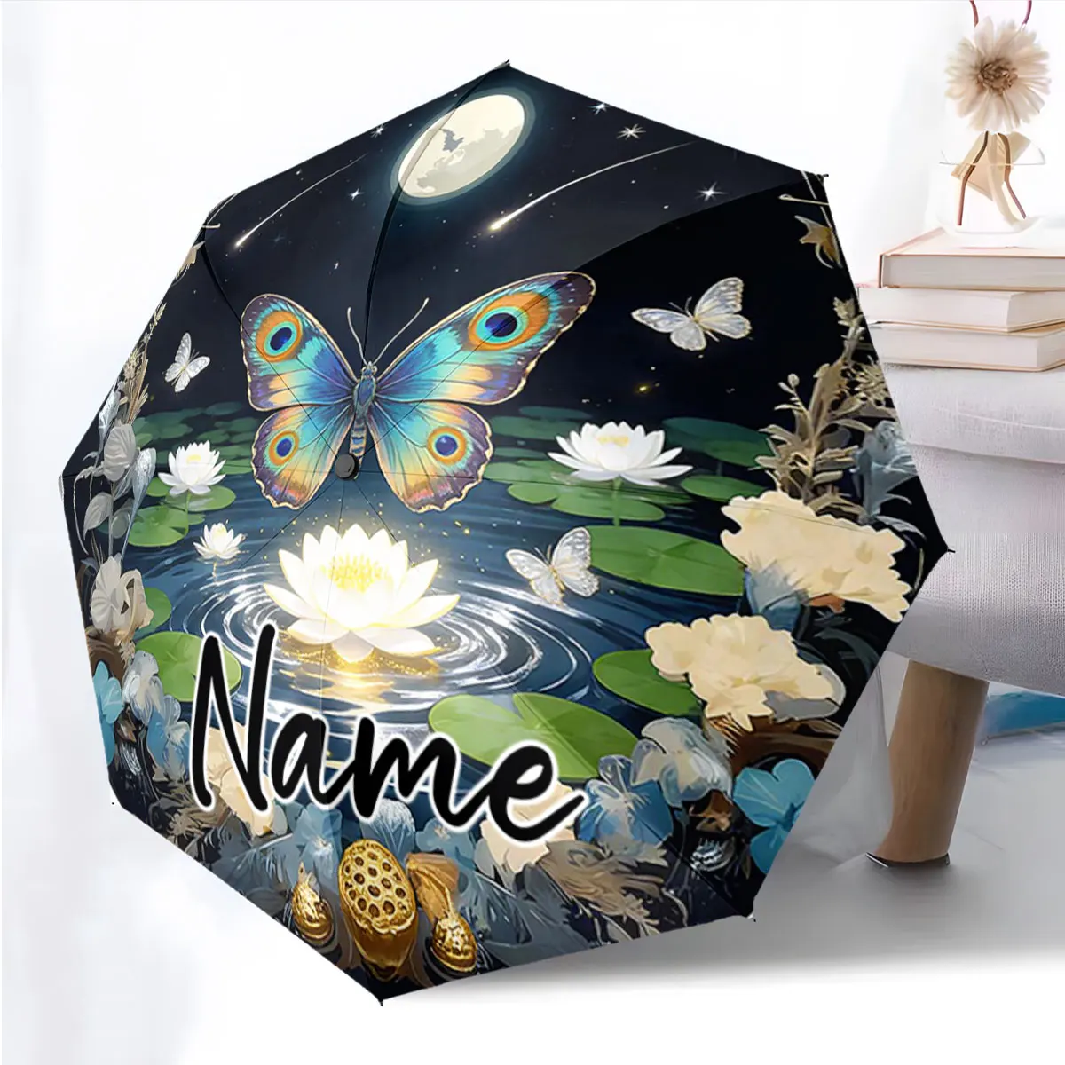 Custom Name Butterfly and Lotus Artistic Umbrella Design Print 8 Iron Ribs Folding Umbrella Auto-Open Fashion Sunshade