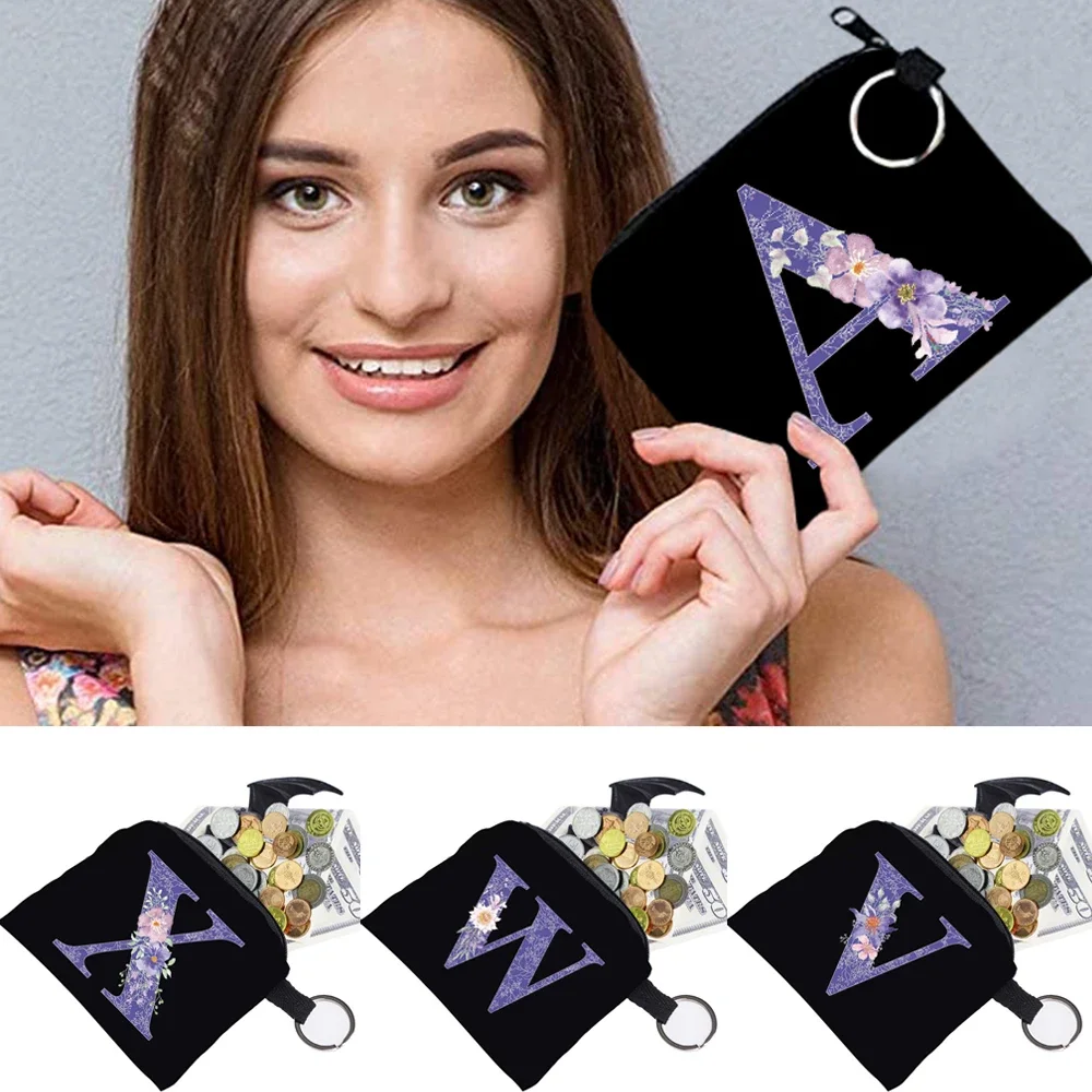 

Coin Purse Key Earphone Organizers Credit Card Holder Case Purple Flower Pattern Series 2024 Change Bag Pouch for Girls Money