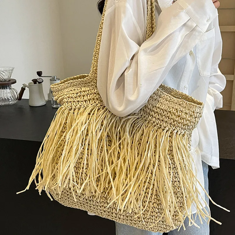 Summer Women Weave Straw Tote Bag 2024 New In Fashion Travel Beach Bags Lady Handmade Rattan Shoulder Bag Handbags And Purse