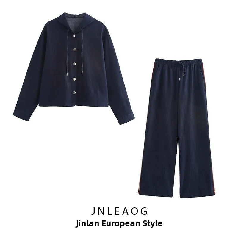 JNLEAOG Autunno Nuovo Design da Donna Top in Denim con Cappuccio e Jeans in Denim Decorati a Righe Bot Set Abito a Due Pezzi Faionable