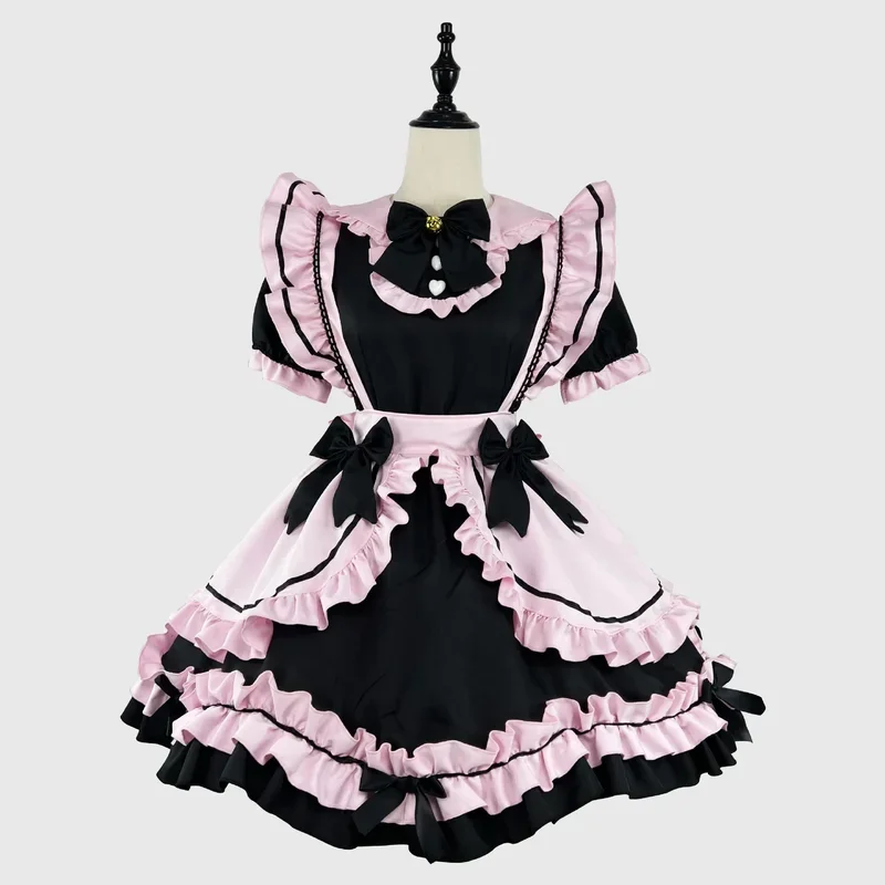 Anime Gothic Lolita JSK dress short sleeve kawaii bow maid party dresses cosplay cats girl Harajuku cute pink ruffles Black