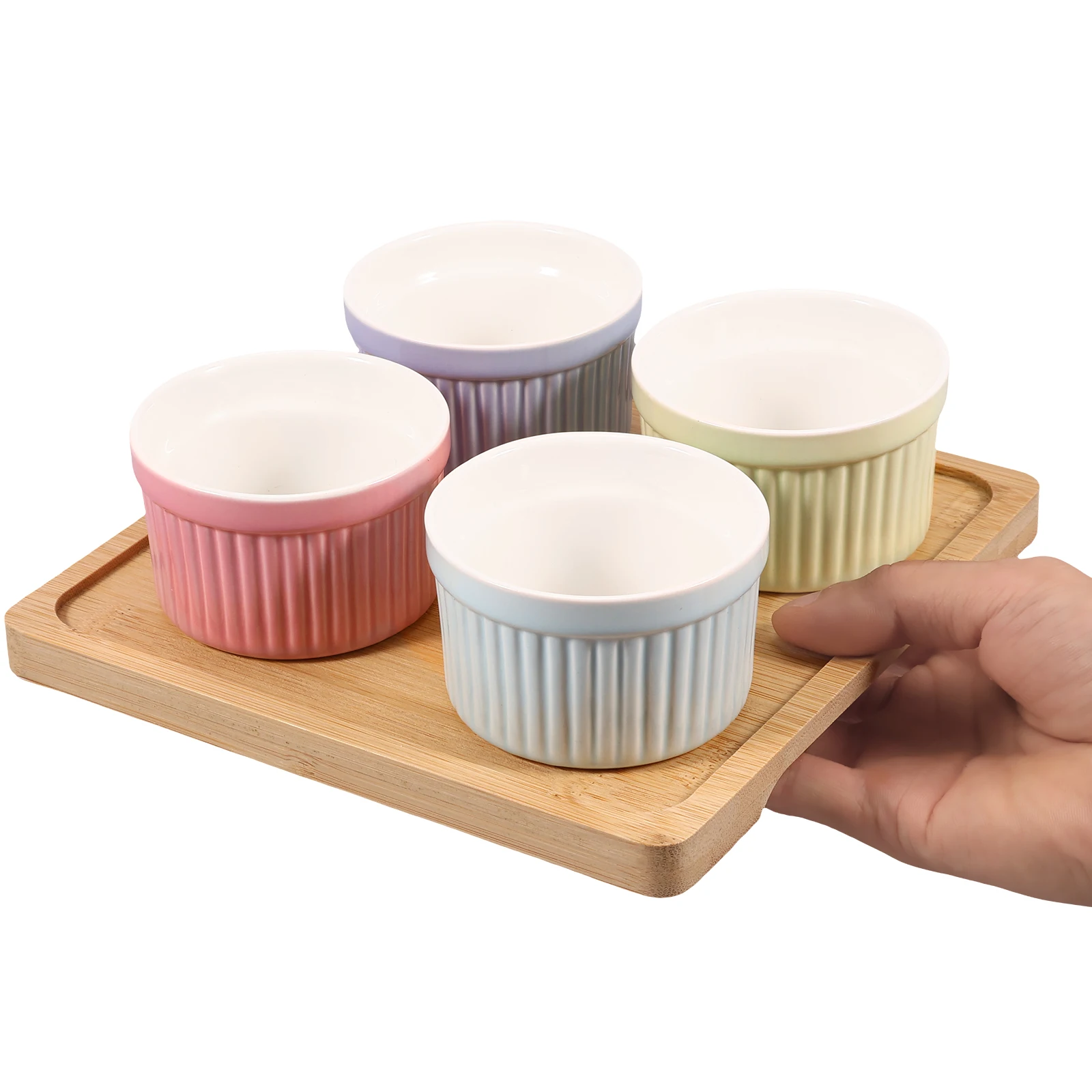 4Pcs Ceramic Ramekins with Bamboo Tray 4 oz Oven Safe Small Baking Bowls Set Stackable Creme Brulee Baking Cups Multipurpose