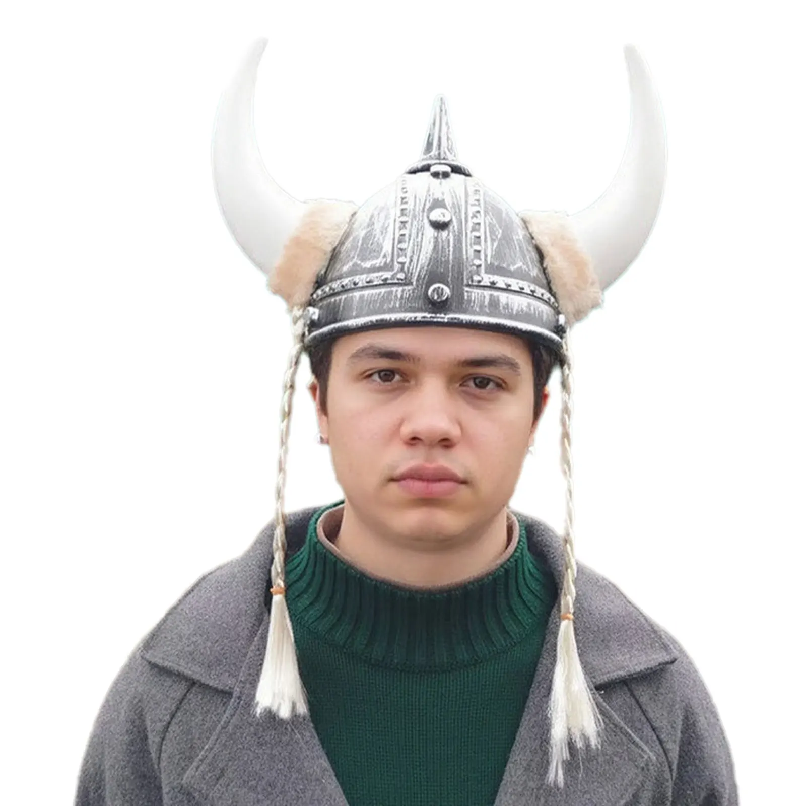 Adult Men Women Viking Horn Hat Helmet with Braids Plastic Medieval Warrior Knight Hat Halloween Cosplay Masquerade Ox Decors 5